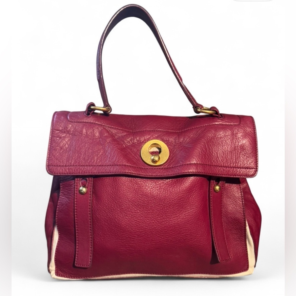 Authentic YVES SAINT LAURENT Muse Toe Leather Canvas Handbag Maroon